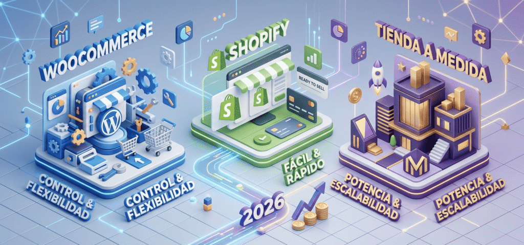 WooCommerce vs Shopify vs tienda a medida: cuál elegir en 2026 según tu presupuesto