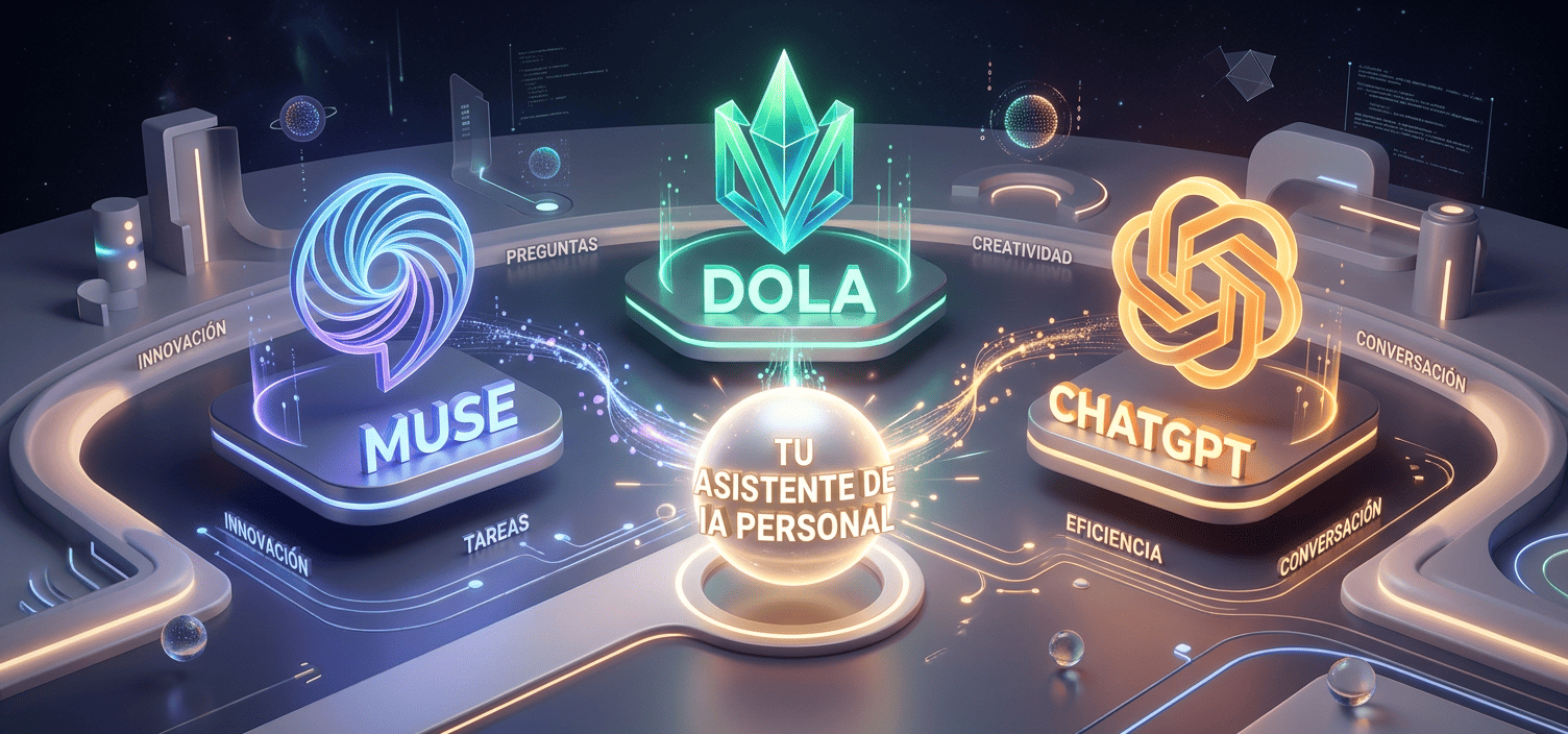 Muse, Dola y ChatGPT sobre pedestales alrededor de un orbe: los tres compiten por ser tu asistente de IA