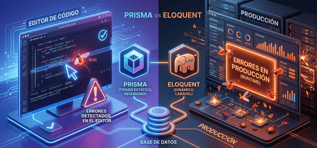 Prisma vs Eloquent: el ORM que eliges hoy define si tus bugs aparecen en el editor o en producción